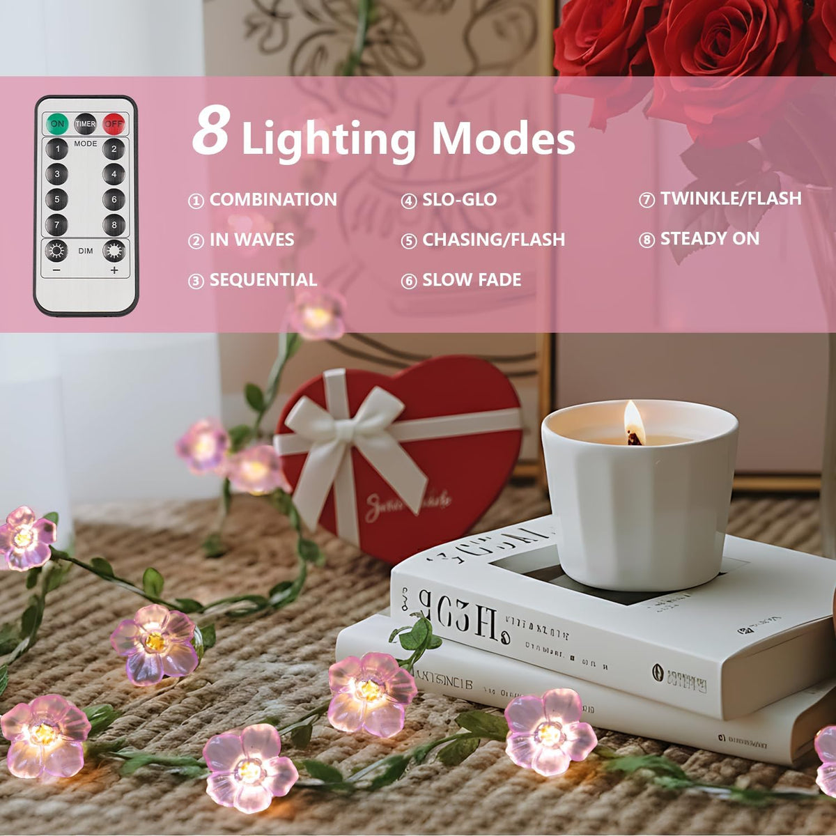 suddus 40 LED 12.8 ft Cherry Blossom Vine Lights Battery Powered with Timer