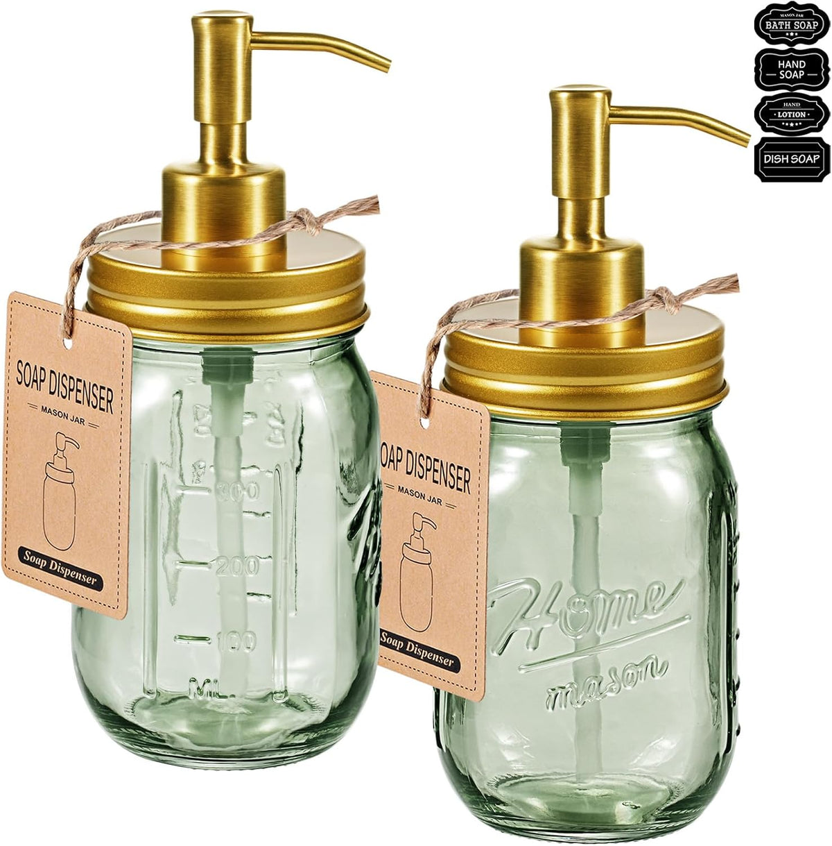SheeChung Green Glass Mason Jar Liquid Soap Dispenser, 16oz, Gold, 2 Pack