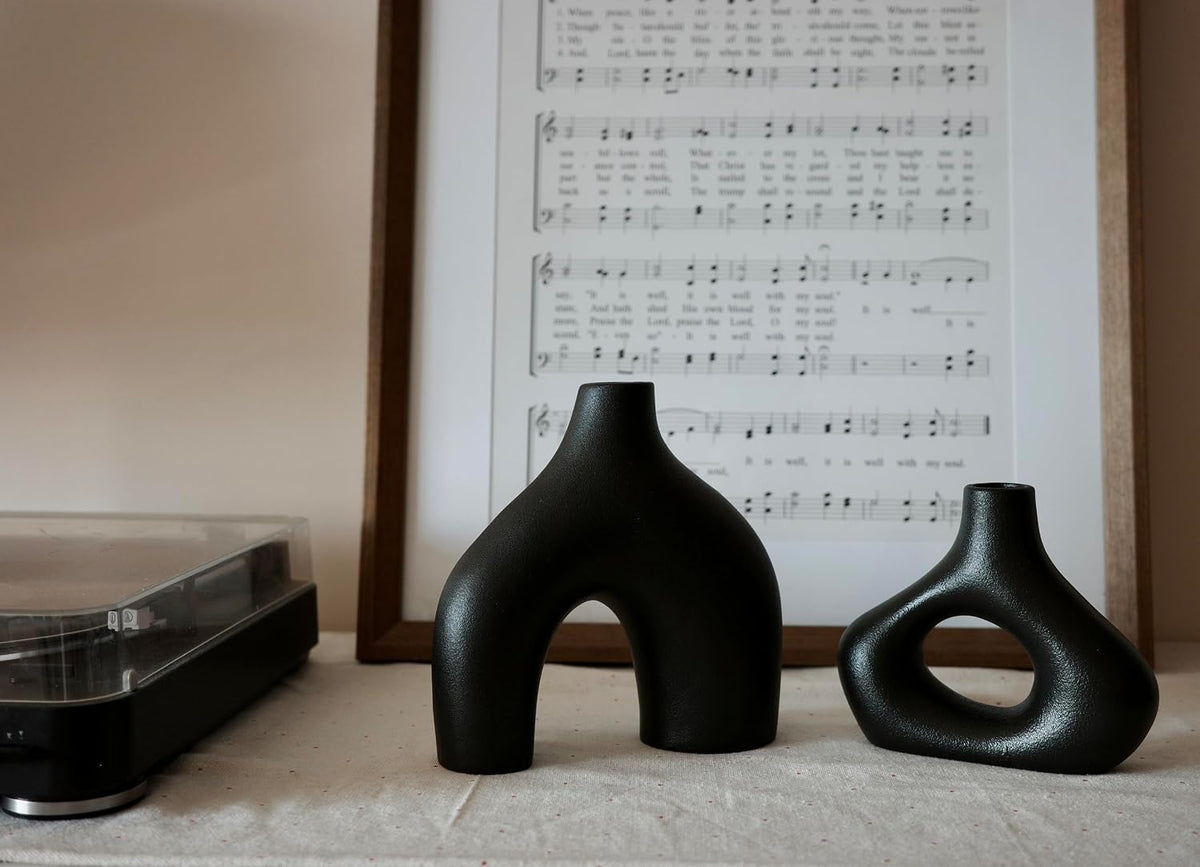 Carrot's Den Black Ceramic Modern Vase Set of 2, Donut Shelf Decor, Black