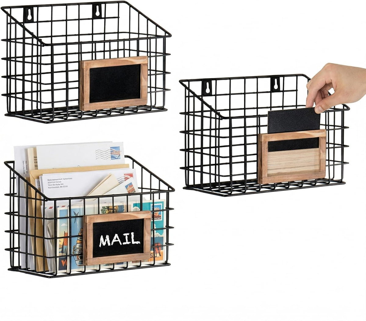 MyGift 10 Inch Wall Mounted Matte Black Metal Wire Storage Baskets with Chalkboard Labels, Small Hanging Organizer Bins for Home Entryway Kitchen Pantry Closet, Set of 3