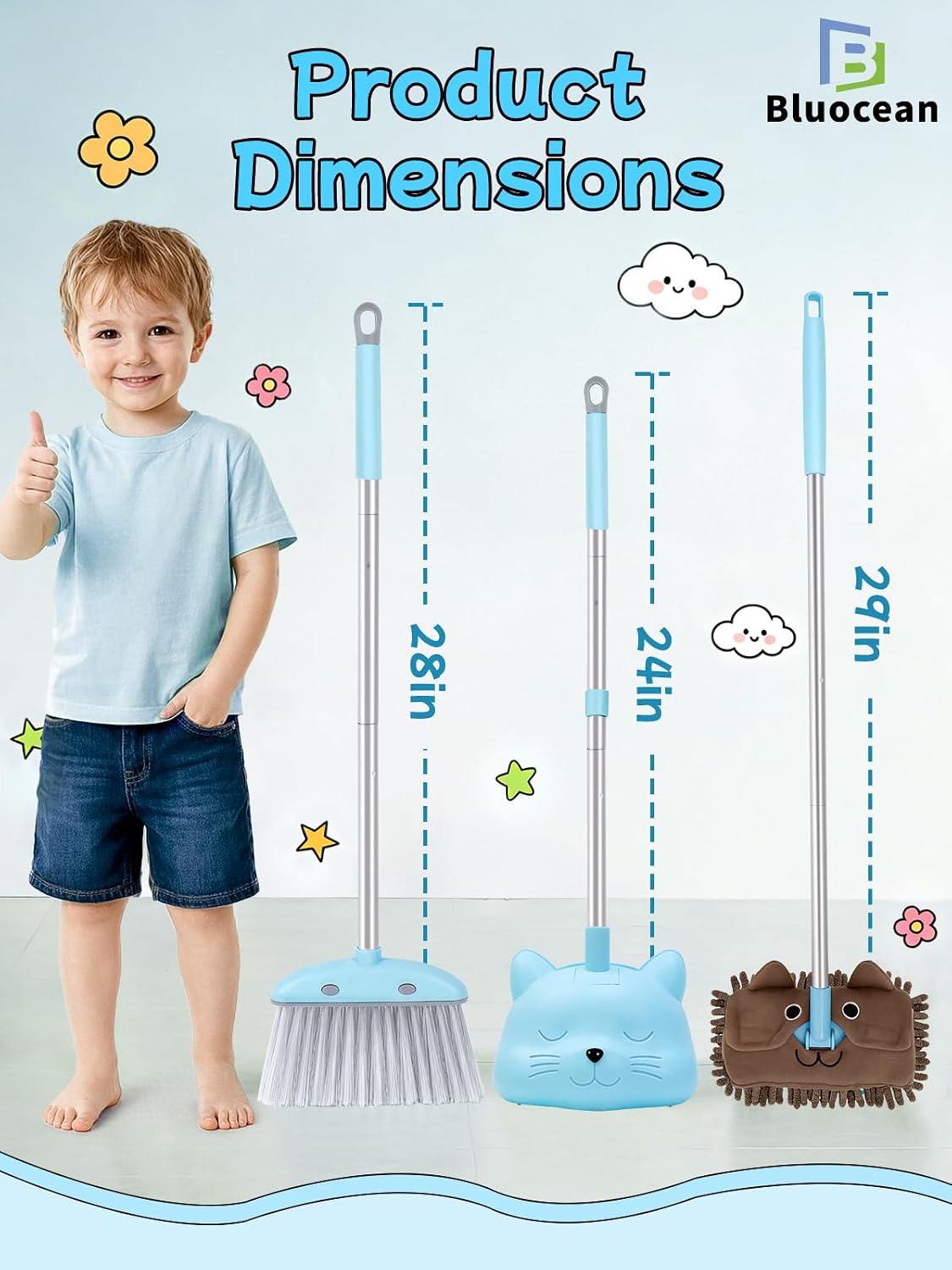 Toddler Cleaning Toy Set -28'' Kids Mini Broom with Dustpan & Mop, Toddler Household Helper, Parent-Child Interactive Play Cleaning Tool, Cute Cartoon Design, Small Safe Corner Broom (Blue)