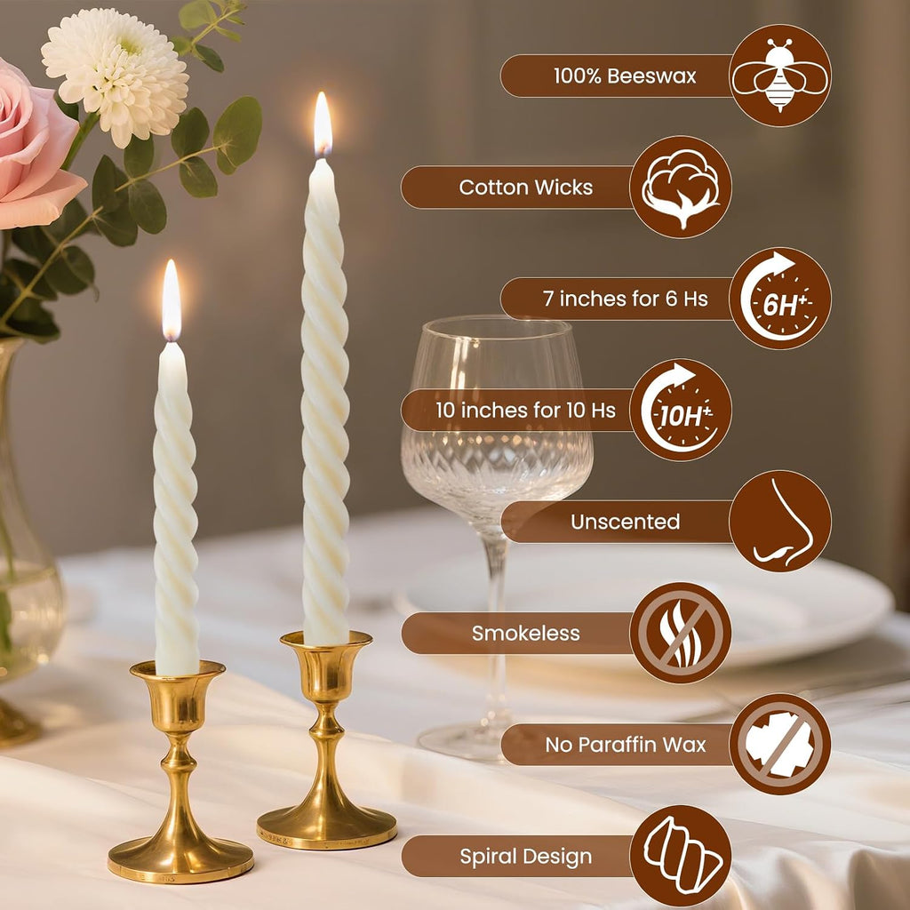 2PCS 10" Pure Beeswax Taper Candles, Cream White, Spiral Bees Wax Candle