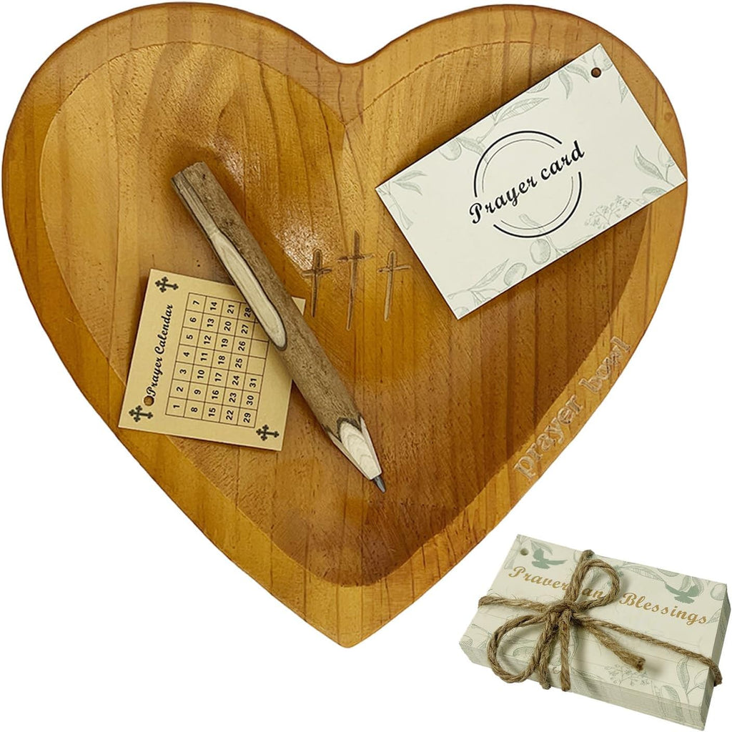 Wooden Heart Prayer Bowl with 30 Cards and Pencil, Christian Gift