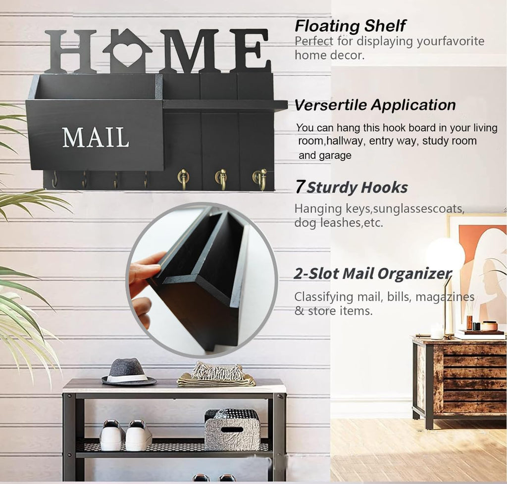 Rustic Wall Key Holder with Shelf & Hooks - Mail Organizer for Entryway | Wooden Key Rack for Keys, Coats, Dog Leash-Black