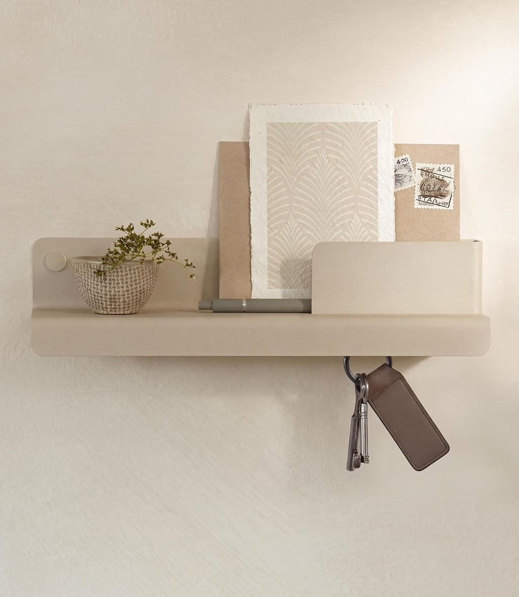 Kazai. Key Holder for Wall 'Holmsen' | Minimalist Key Hooks Design from Berlin | Modern Key Hanger with Metal Shelf | Key Hook Wall Mounted as Hallway Furniture | Sand Taupe
