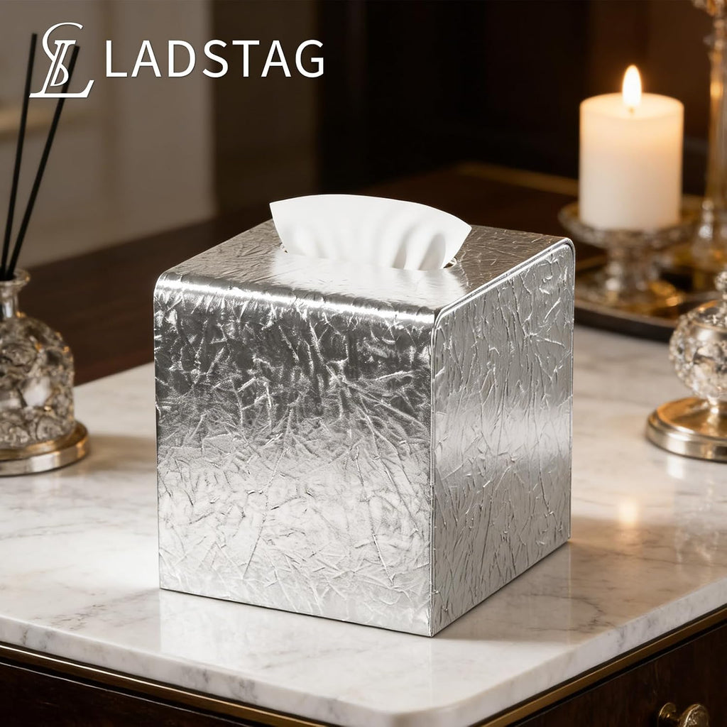 Silver Tissue Box Cover,Square Leather Tissue Box Cover with Magnetic Closure,Tissue Vessel for Bathroom Toilet Bedroom Living Room Table Desk Office,Modern Home Decor