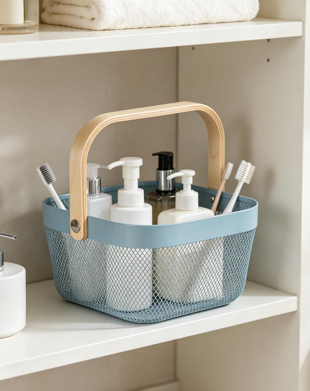 AJIODA Metal Mesh Wire Basket, Mini Steel Basket with Wooden Handle Storage Organizer Basket Multi-functional Hanging Kitchen Baskets Fruit Baskets for Kitchen Bathroom Cabinet Pantry Snacks, Blue