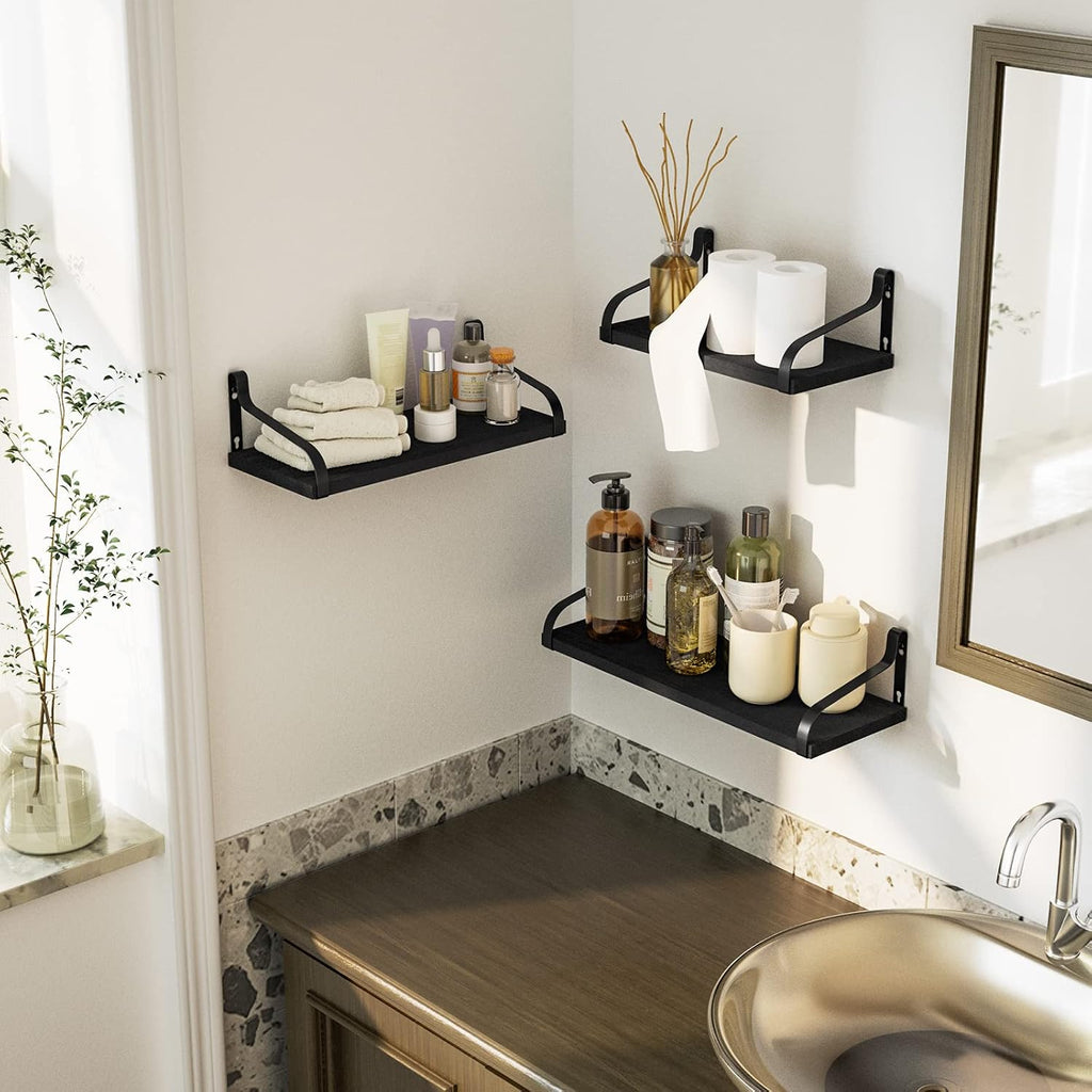 Love-KANKEI Large Black Floating Wall Shelves,Set of 3,Wood/Metal Bracket