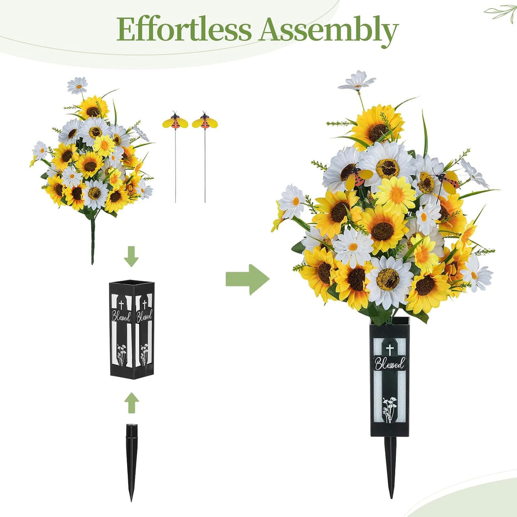 Artificial Cemetery Flowers for Grave: Sunflower with Vase, 2 Pcs