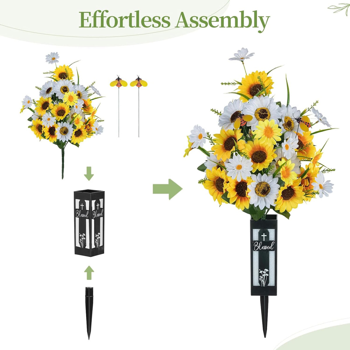 Artificial Cemetery Flowers for Grave: Sunflower with Vase, 2 Pcs