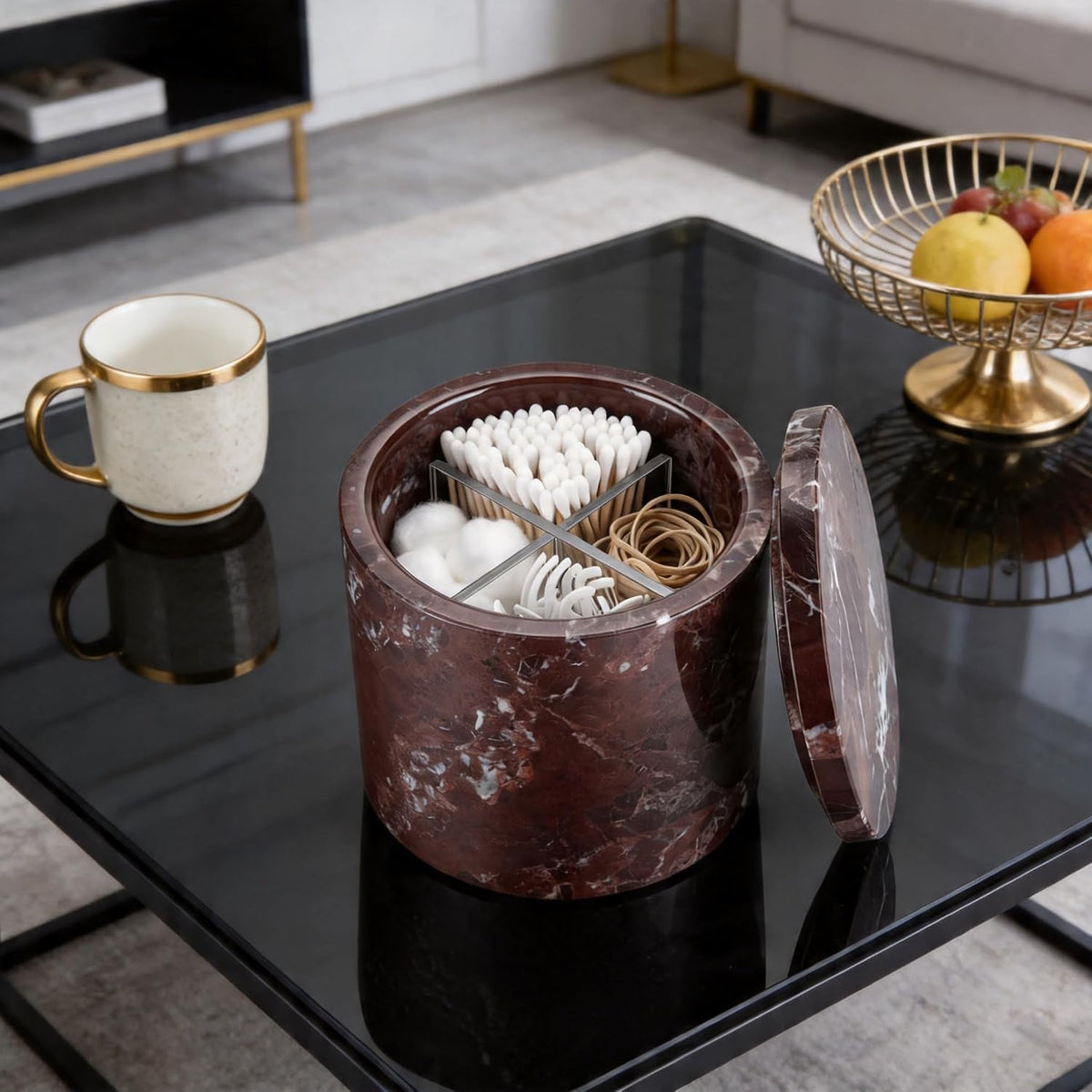 Natural Marble Canister, 4.72" D x 3.15" H Cotton Swab Holder