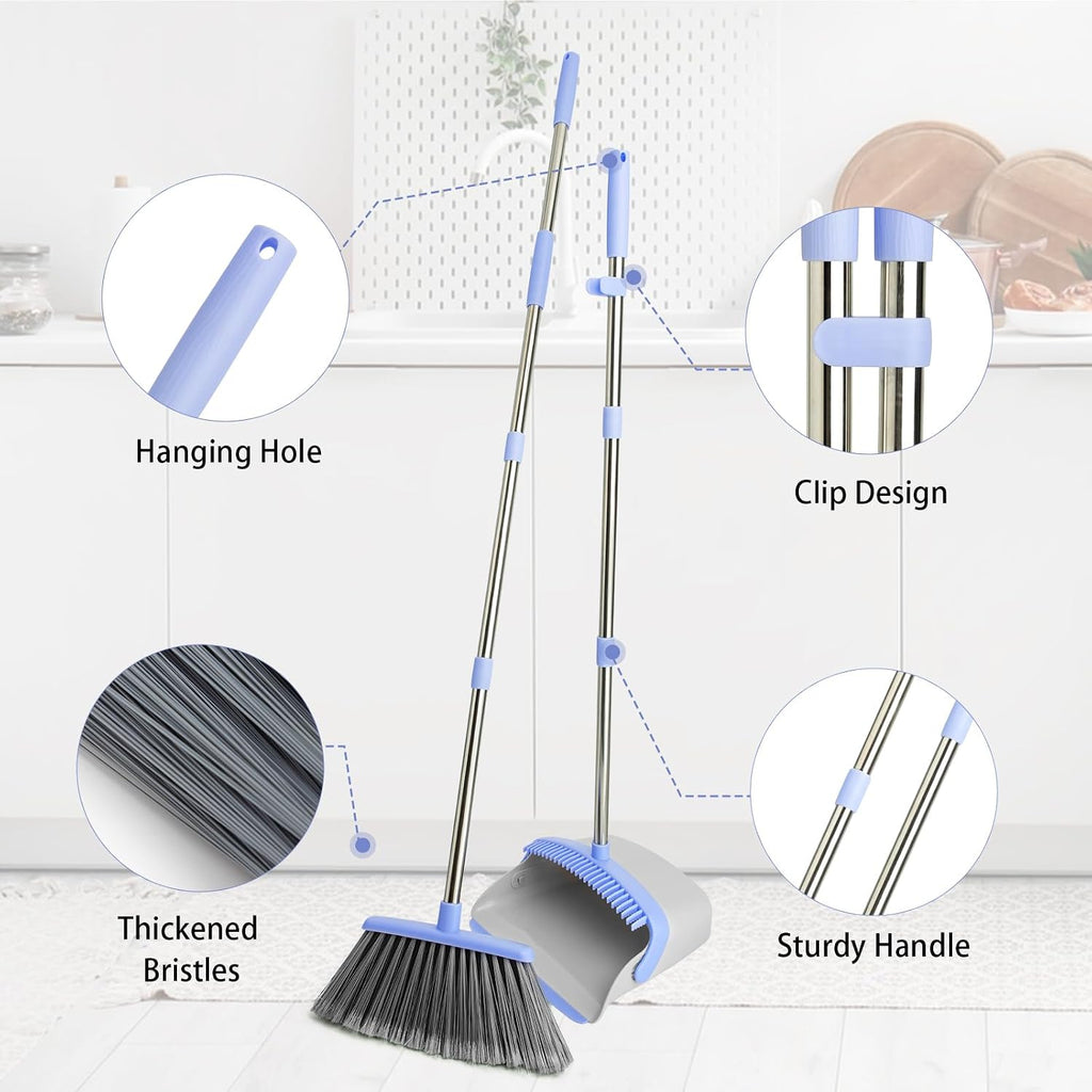 Broom and Dustpan Combo Set, Long Handle and Standing Dust Pan with Comb Teeth, Efficient Floor Cleaning for Kitchen, Outdoor, Dorm, Apartment, Office Lobby (Gray Blue)