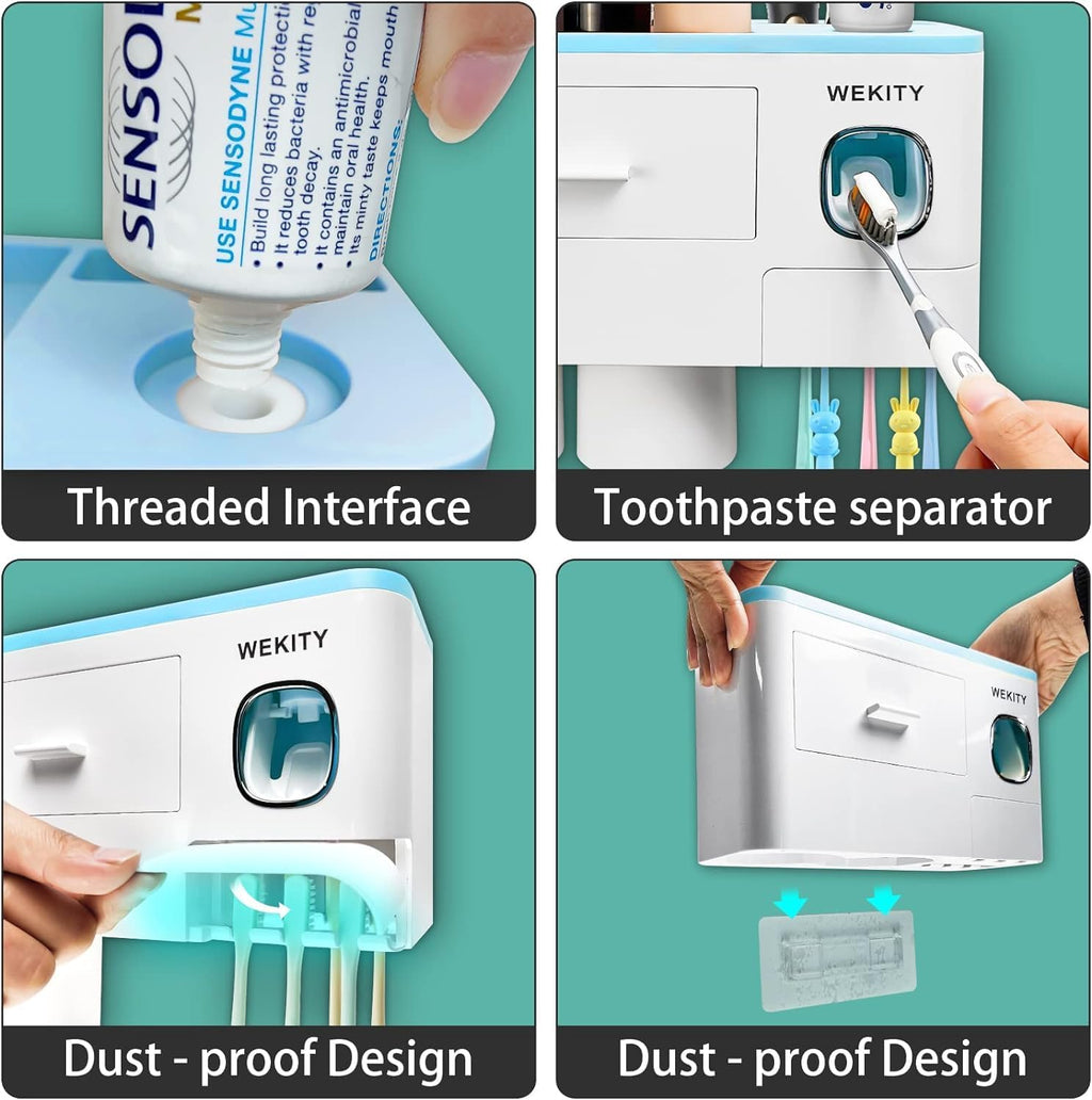 Multifunctional Wall-Mounted Toothbrush Holder, Automatic Toothpaste Dispenser Space Saving Toothbrush and Toothpaste Holder, with 2 Cup and Drawers Cosmetic Organizer (Blue)
