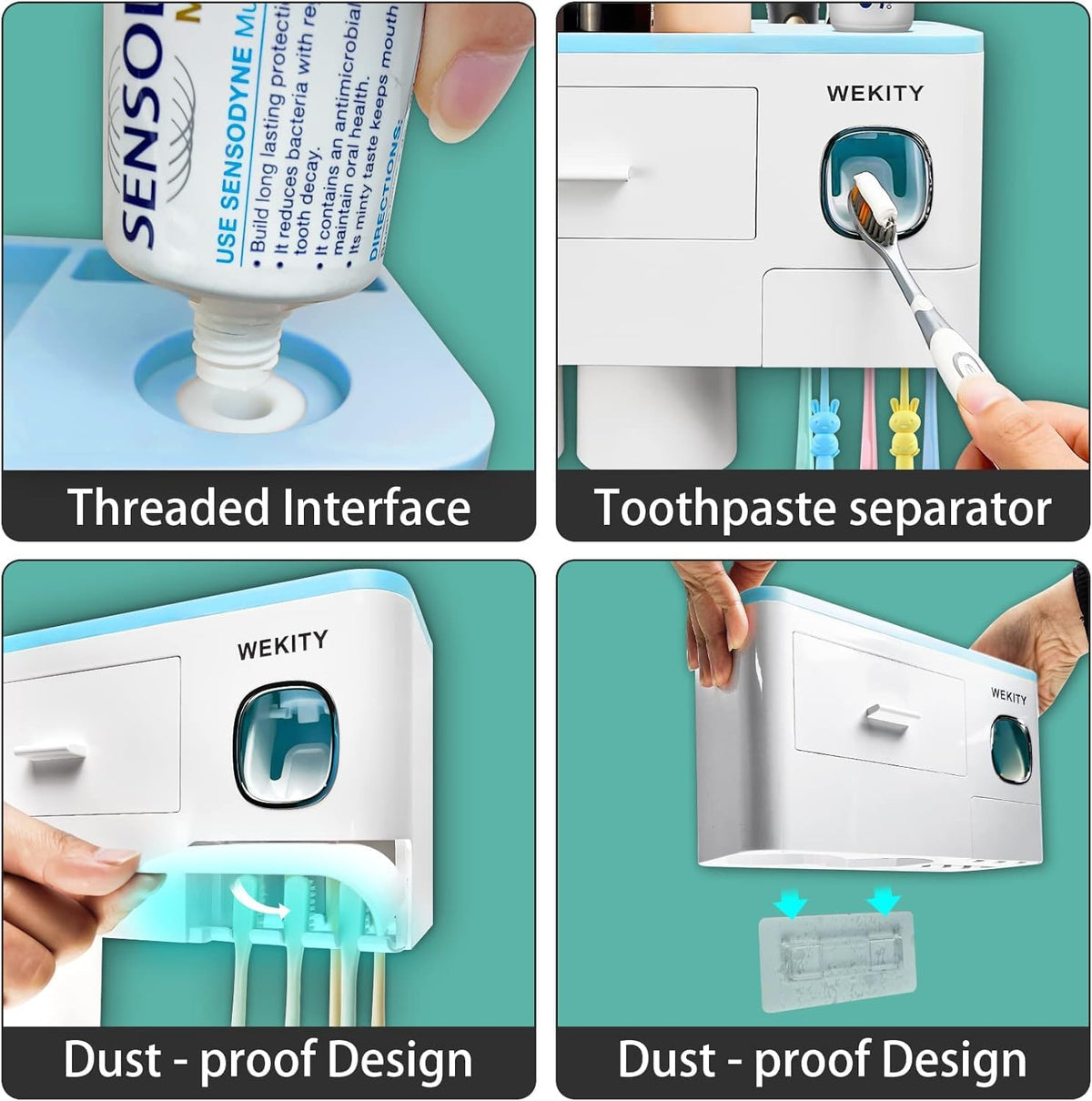 Multifunctional Wall-Mounted Toothbrush Holder, Automatic Toothpaste Dispenser Space Saving Toothbrush and Toothpaste Holder, with 2 Cup and Drawers Cosmetic Organizer (Blue)