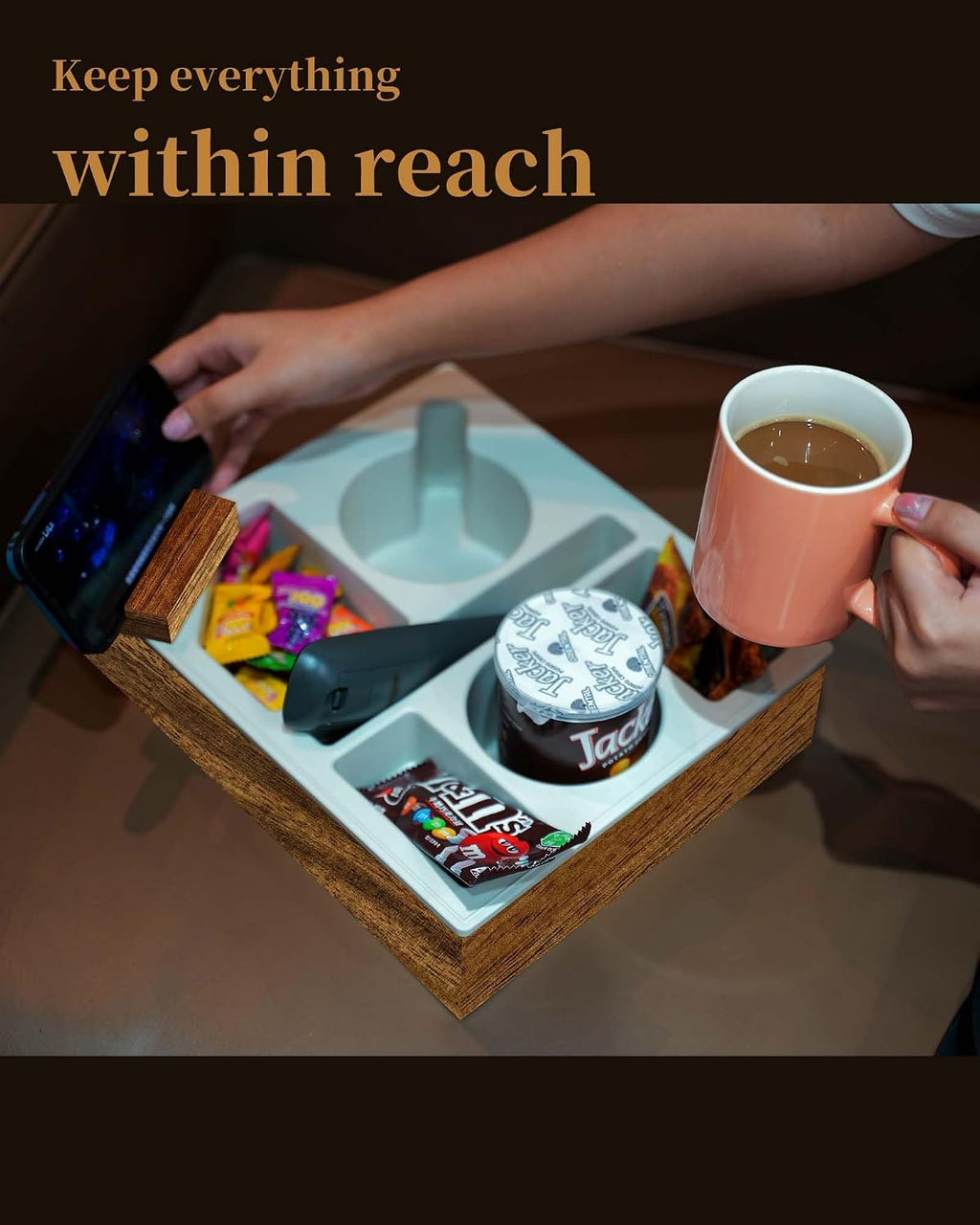 Couch Cup Holder Tray, Soft Food Grade Silicone Acacia Wooden Couch Caddy for Bed Car Seat Beach Organizer, Anti-Spill Couch Drink Holder for Snacks Beverage Remote (Beige, 11.5 * 10 * 3 in)