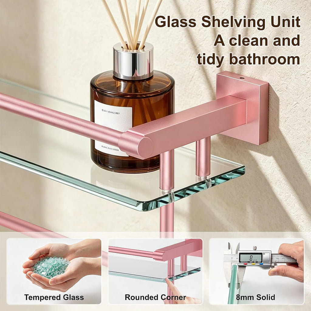 Bathroom Glass Shelf Towel Rack Shelf Glass Organizer Wall-Mounted Bathroom Storage SUS304 Stainless Steel Towel bar/Track Wall-Mounted Tempered Glass Stainless Steel Shelf (Pink, 16‘’ with Railing)