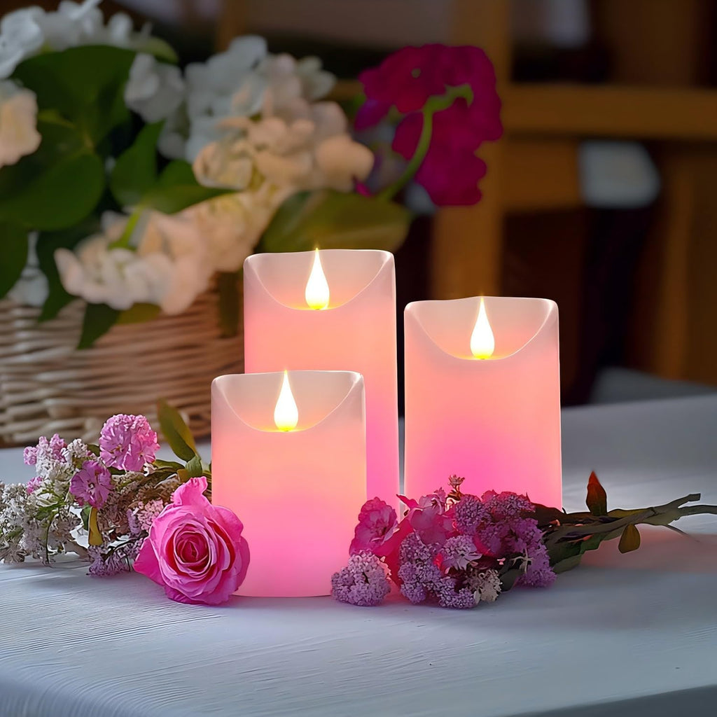 Flameless LED Color Changing Candles, Battery Operated Candle with Remote Control and Timer, Realistic Flame, Dimmable, Pillars for Halloween Decoration, D3''xH4''5''6'', 3Pcs