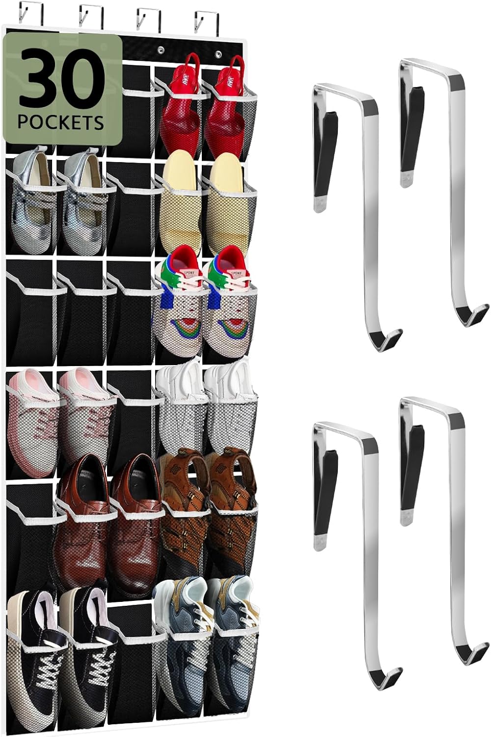 PAULONE Over the Door Organizer with 30 Large Pockets, 3 Sizes of Closet Hangers, Holds up to 69 lbs, Hanging Organizer with Clear Window for Children's Toys, Shoes, Diapers (Black)