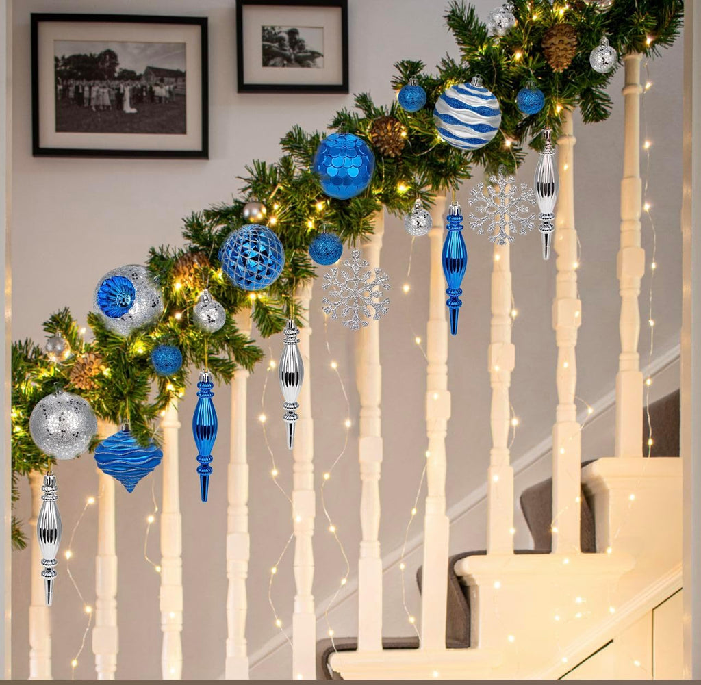 Hollyone Blue and Silver Christmas Balls Ornaments Set, 50pcs Large Glitter Shatterproof Christmas Snowflakes Ornaments Bulk Decoration Hanging Ball for Xmas Tree Wreath Garland Wedding Home Decor