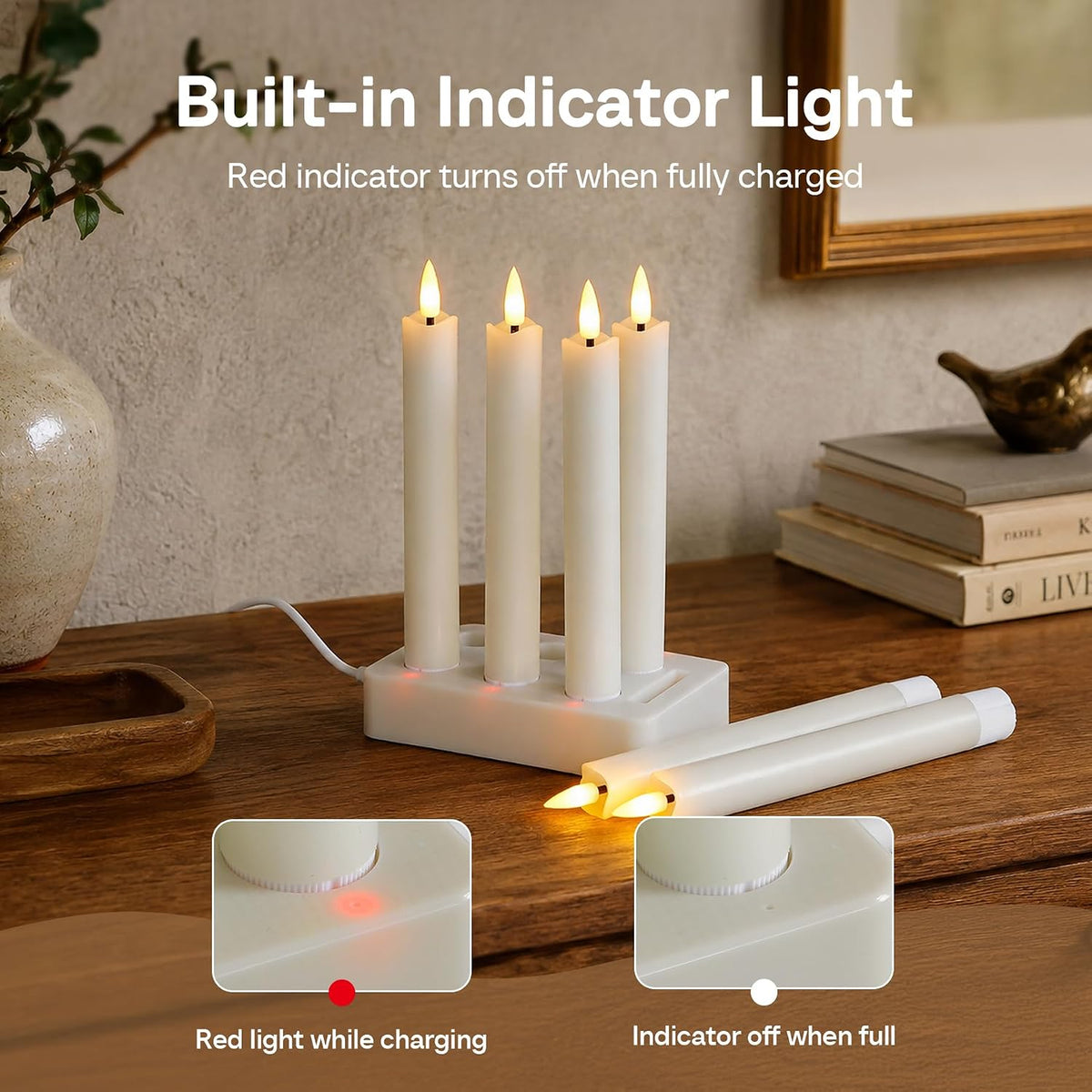 Rechargeable LED Taper Candles with Remote Timer, Flameless Ivory Real Wax Set of 6 with Charging Station, Flickering 3D-Wick Warm Light Candlesticks for Home Decor (0.78" x 7")