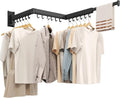 Wall Mounted Tri-Fold Clothes Drying Rack, Heavy Duty Collapsible Laundry Drying Rack, Space-Saving Retractable Foldable Drying Rack Clothes for Laundry Room Balcony Bathroom,Black-Hooks