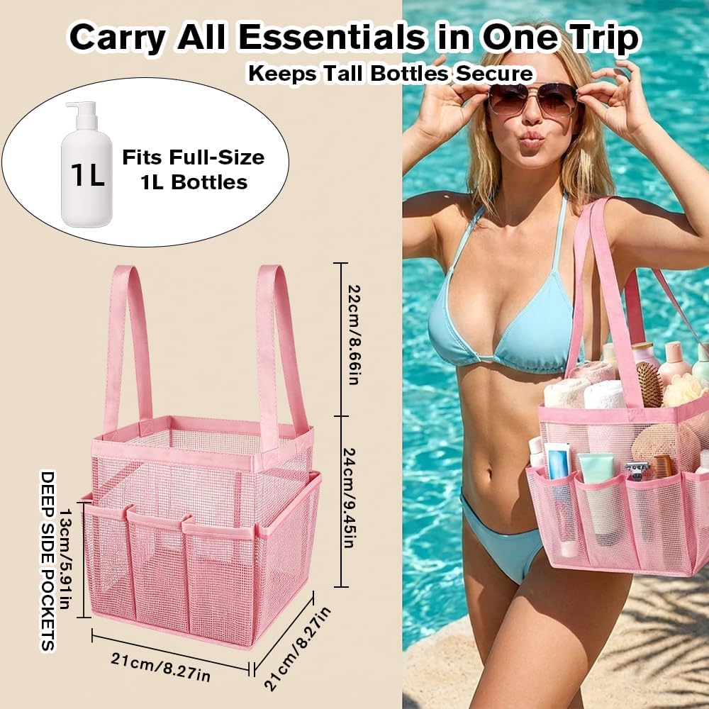 Mesh Shower Caddy Portable for College Dorm Room Essentials, Large Foldable Camp Travel Shower Bag with 9 Pockets, Quick Dry Bathroom Toiletry Tote Bag for Beach Swimming Gym Women Girl (Pink)