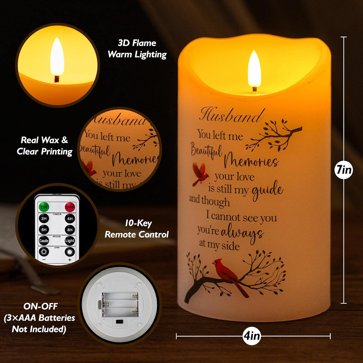 Flameless Memorial Candle for Loss of Husband, Real Wax LED Light with Remote Sympathy Bereavement Gifts for Loss of Loved One Memorial Gifts for Loss of Husband Remembrance Gifts (4" x 7")