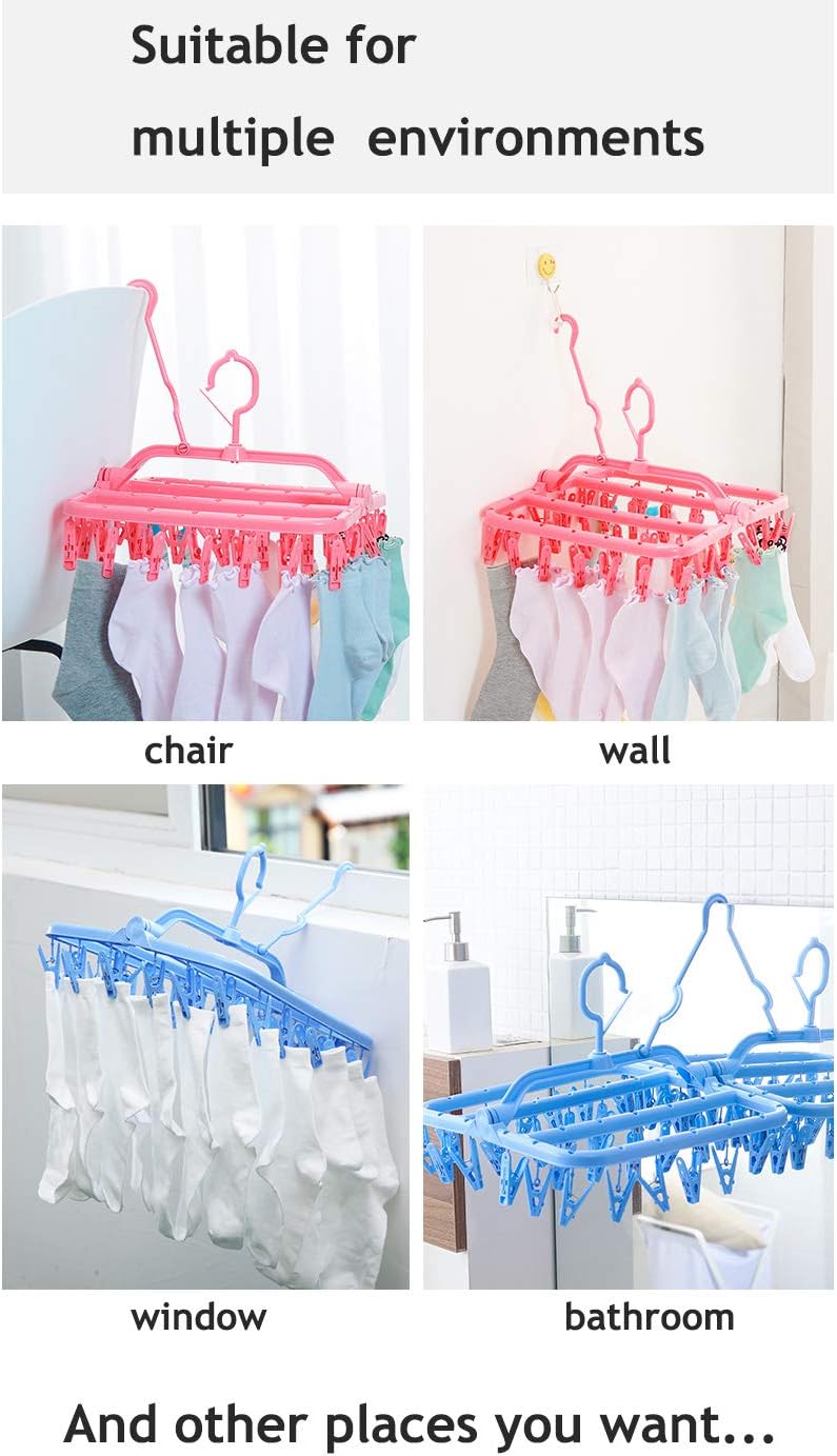 Clothespin Rack Foldable Laundry Drying Hanger,Laundry Hangers with 32 Clips,Clip Hanger Drip Hanger for Drying Underwear,Baby Clothes,Socks,Bras,Towel,Pants,Hat,Scarf,Cloth Diapers,Gloves (Pink)
