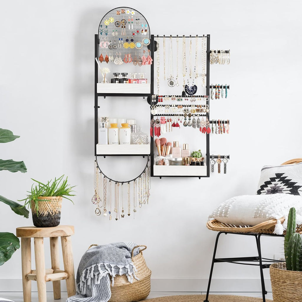 Keebofly Wall Mount Hanging Jewelry Organizer - Large Display Holder for Earrings, Rings, Necklaces, Bracelets, Watches and Perfume - White