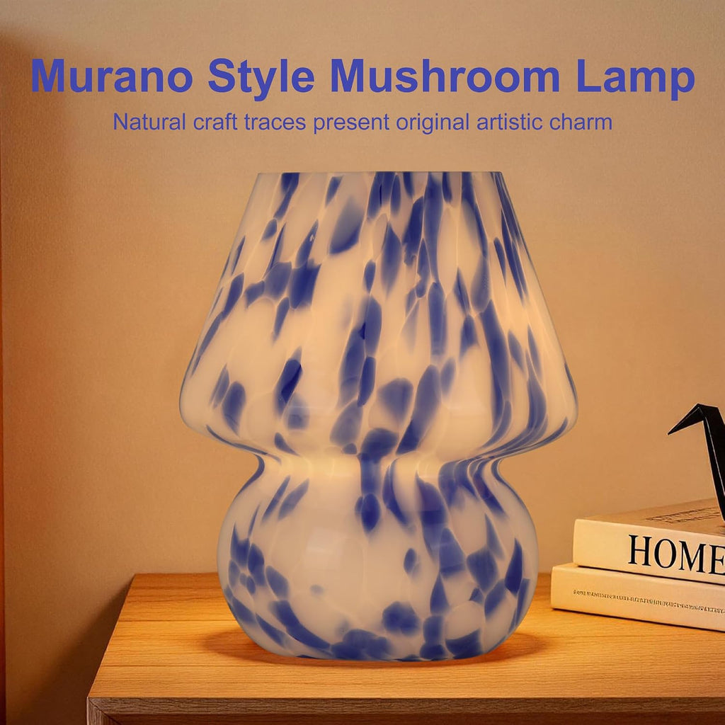 Mushroom Lamp Small Glass Table Lamp, Bedside Nightstand Lamp, Cute Desk Lamp for Bedroom, Dorm, Living Room & Kitchen, Classic Vintage Home Decor Lamp (2, Blue&White)