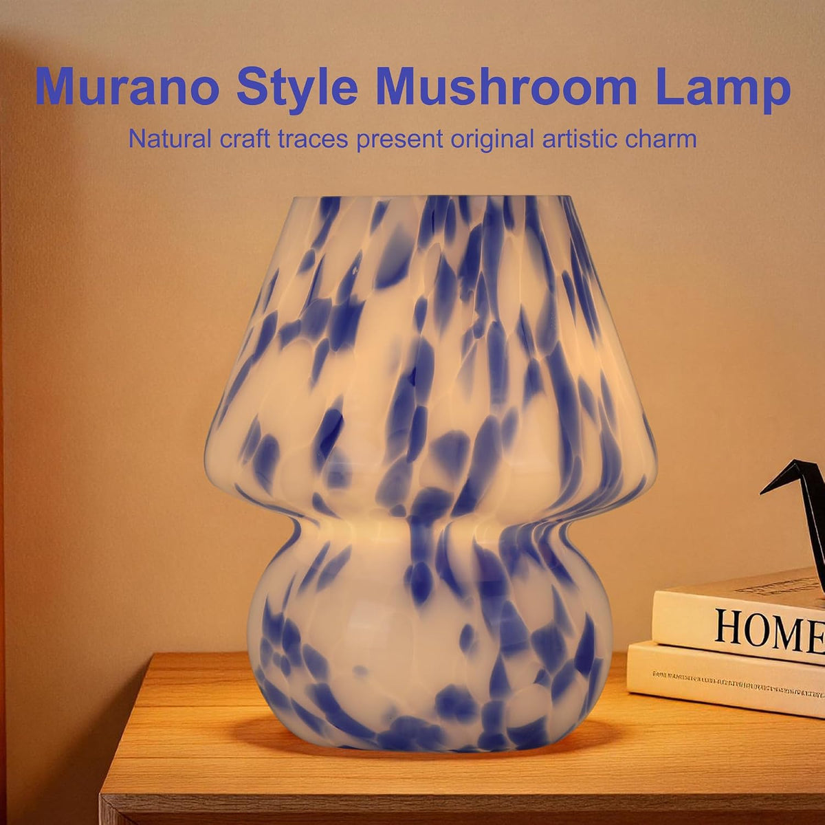Mushroom Lamp Small Glass Table Lamp, Bedside Nightstand Lamp, Cute Desk Lamp for Bedroom, Dorm, Living Room & Kitchen, Classic Vintage Home Decor Lamp (2, Blue&White)