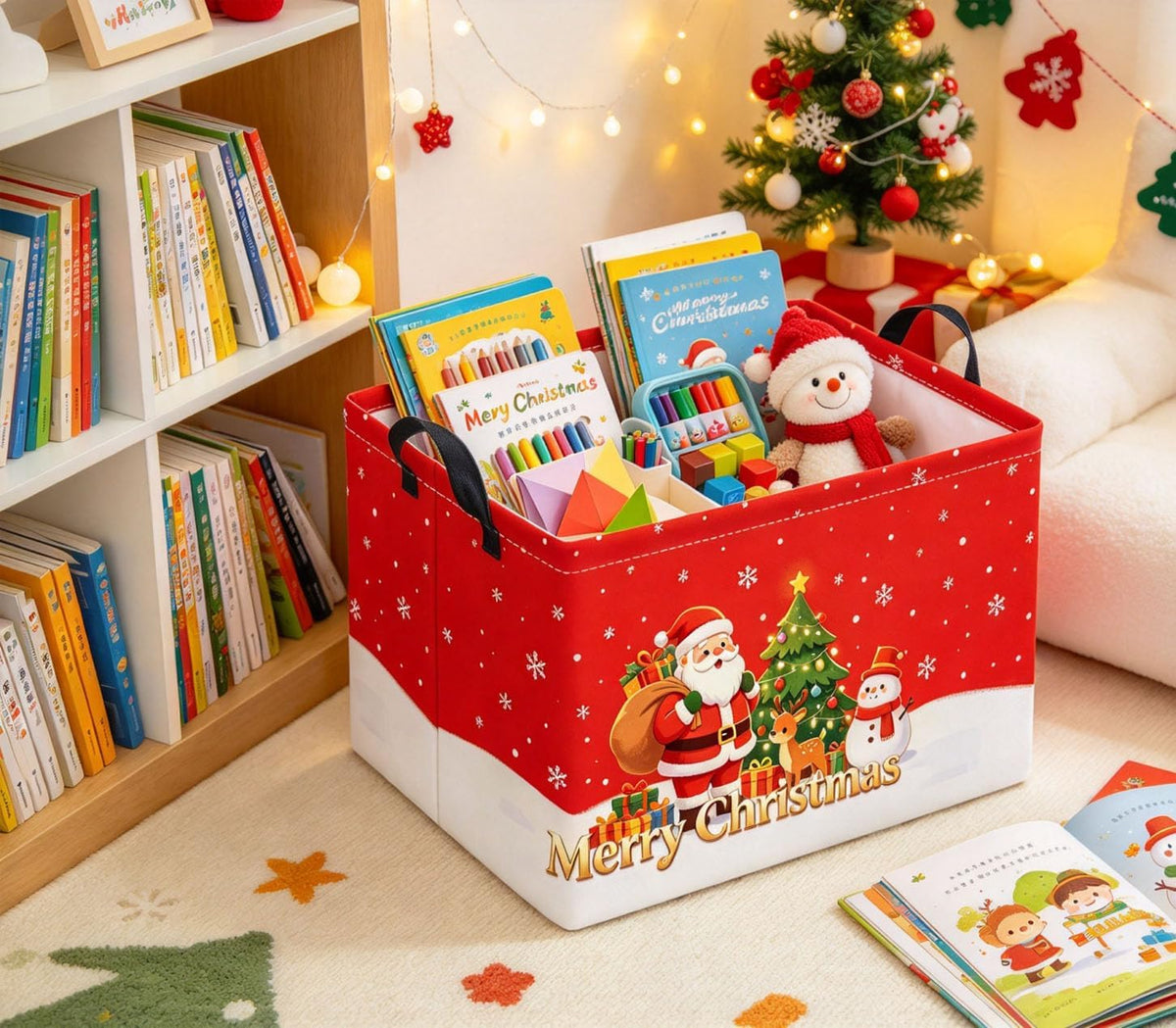 Rectangular Storage Basket for Boys Kids Basket Storage Bin Organizer Box(Red Snow Christmas)