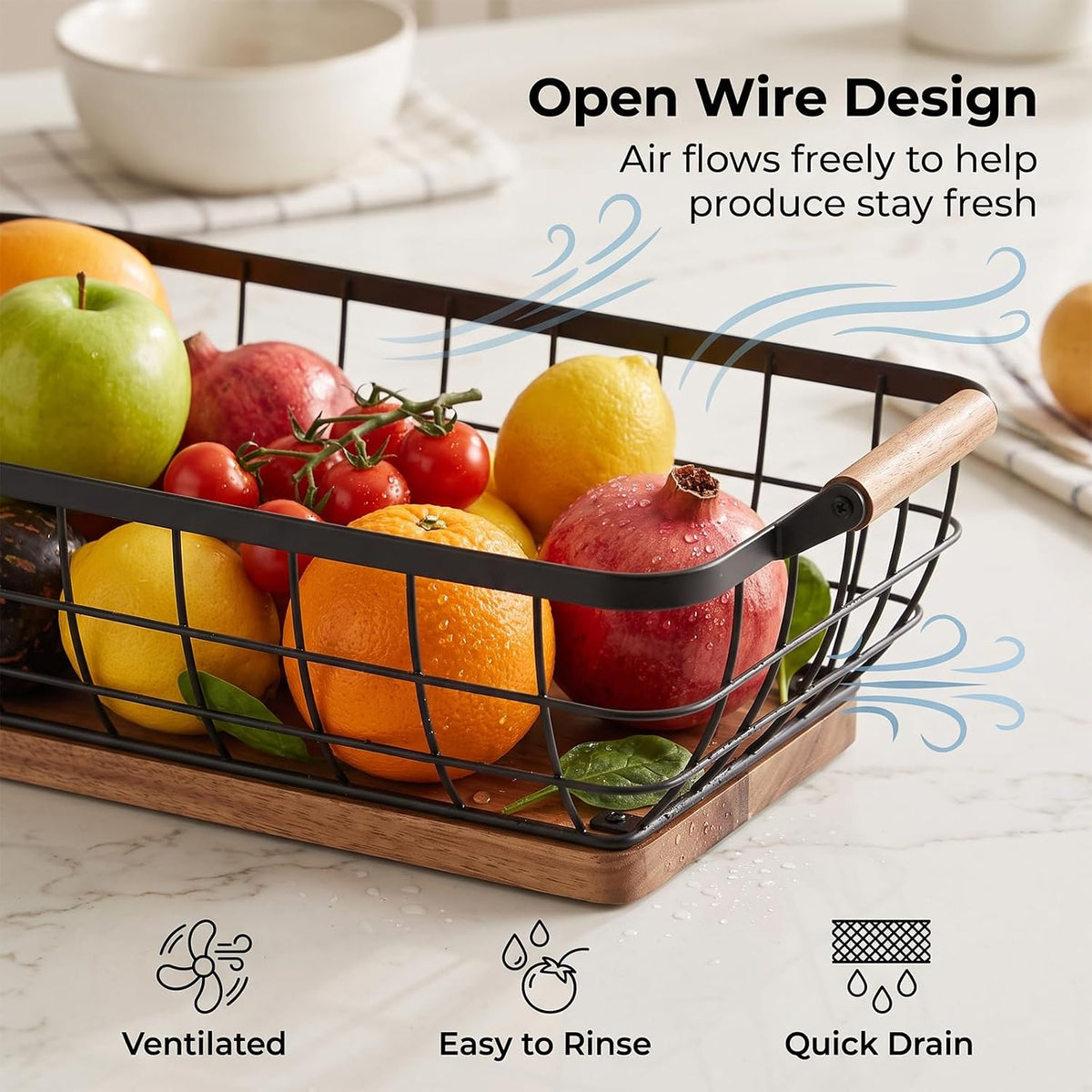 WILDMOS Rectangular Fruit Basket with Banana Hanger,Metal Wire Fruits Bowl with Wooden Base,Kitchen Table Organizer,Black Fruit Bowl for Kitchen Counter,Vegetable Bowls for Fruits, Veggies, Snacks.