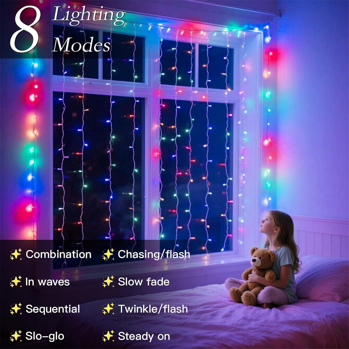 200 LED Multicolor Rainbow Curtain Fairy Lights 9.8x6.6FT Plug in