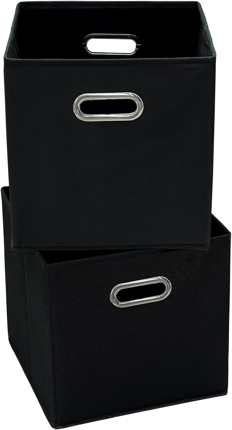 11 Inch Foldable Storage Bins ,Black Fabric Cubes Organizer Baskets with Handle for Closet or Collapsible Box, 11x11x11 Set of 2 (Black )