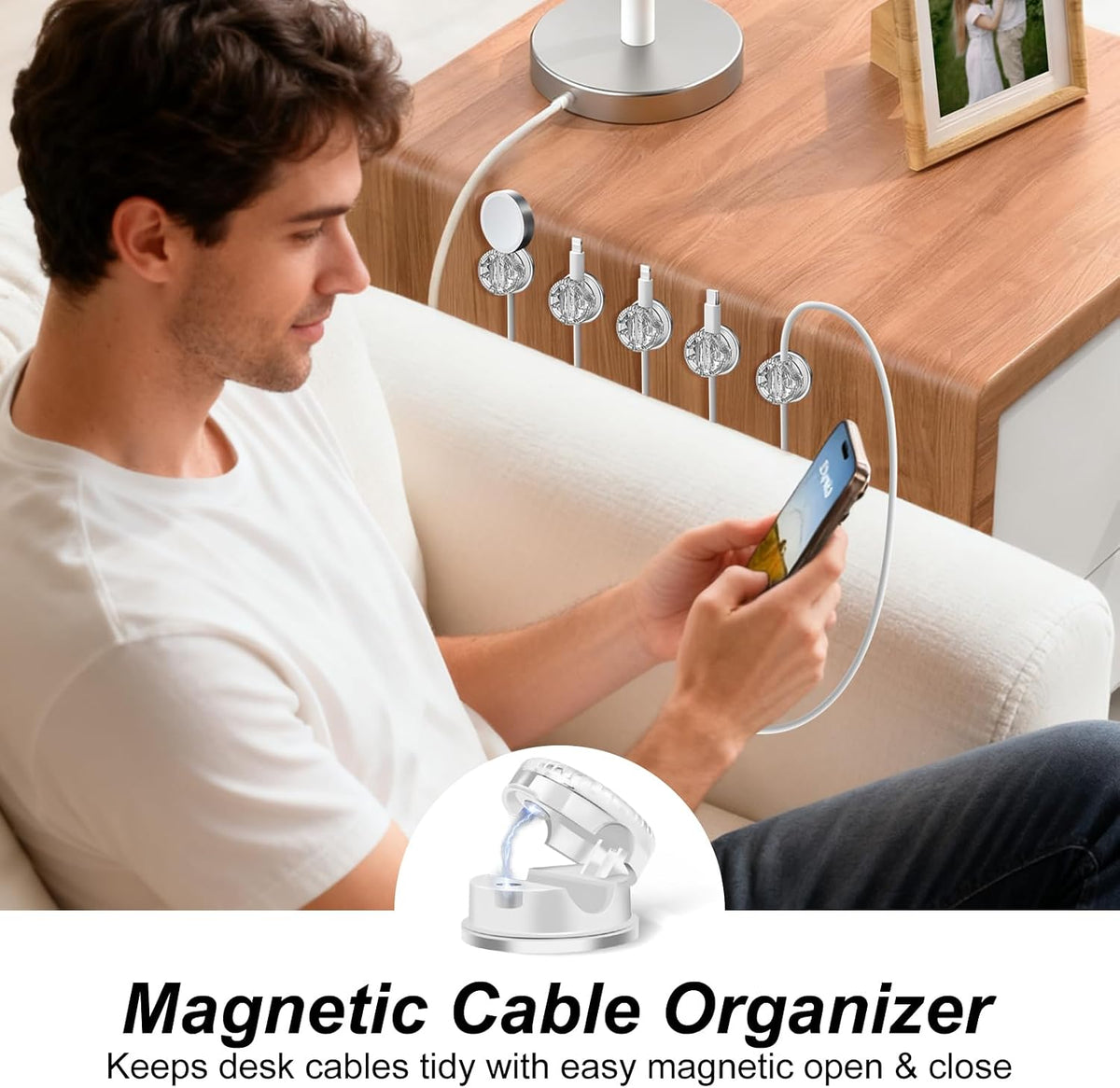 6Pack Cord Organizer Magnetic Cable Clips, 360°Rotation Cable Clips - Adjustable Cord Holder for Nightstand, Adhesive Cable Management Cord Clips, Cable Holder & Charger Organizer（Clear）
