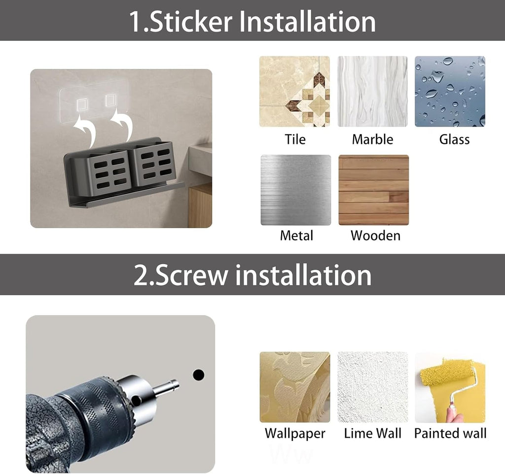 Aluminum Toothbrush Holder， Wall-Mounted，Bathroom Rack，4 Slot，Grey
