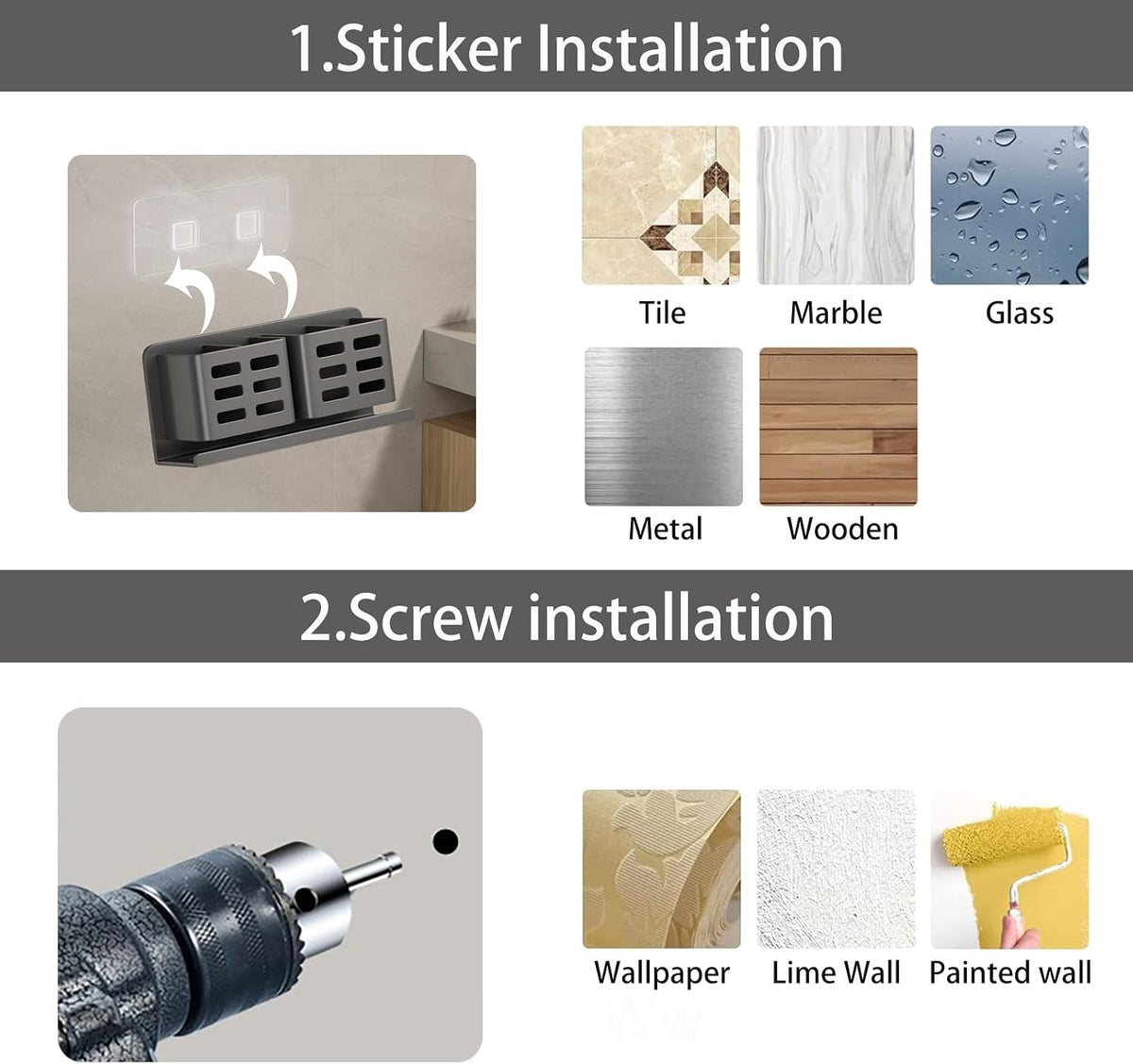Aluminum Toothbrush Holder， Wall-Mounted，Bathroom Rack，4 Slot，Grey