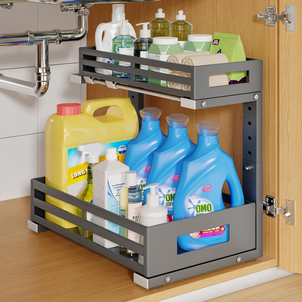 1-Pack Under Sink Organizers and Storage,2-Tier L Shape Pull Out Cabinet Organizer With Round Tube Slide Rails,Hight Adjustable Slide Out Drawers for Kitchen&Bathroom,Multi-Purpose Storage Shelf-Gray