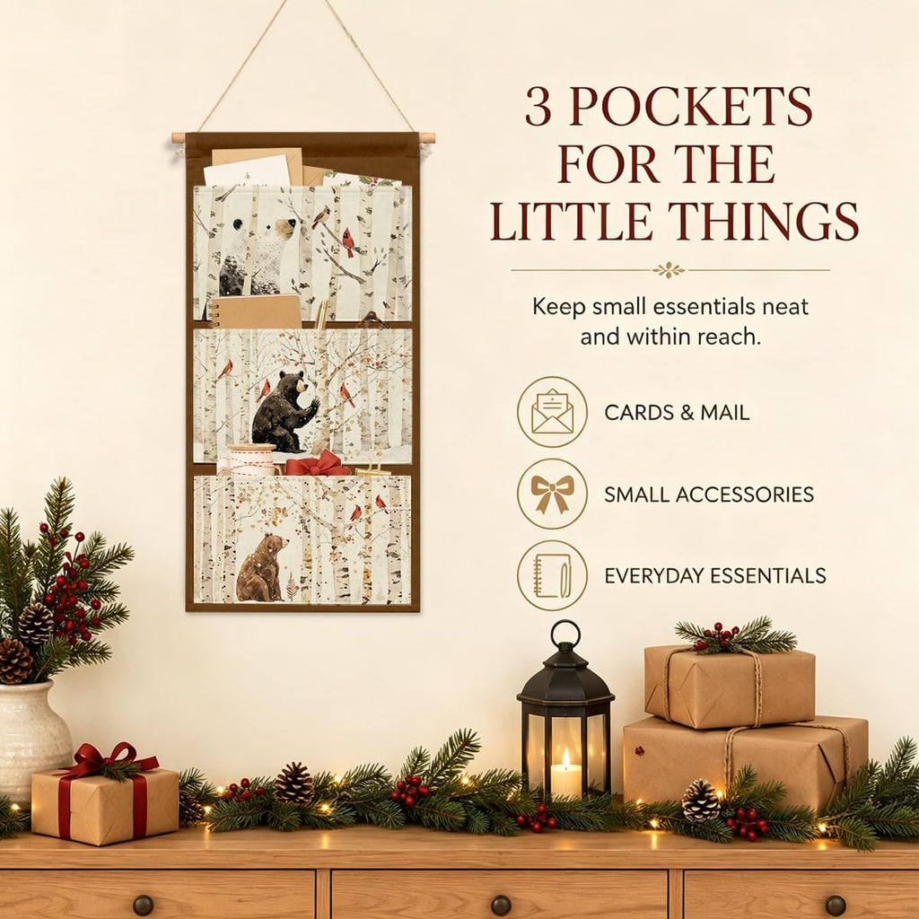 IAXIC Christmas Decor Bear Cardinal Bird Canvas Wall Art Hanging Organizer