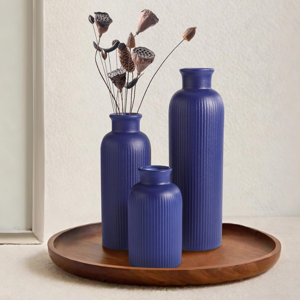 Small Navy Blue Ceramic Vase Set of 3, Boho Modern Navy Blue Flower Vase Room Decor, Farmhouse Decor, Vases for Your Kitchen, Bathroom, Bedroom, Living Room, Office&Shelf Centerpiece Table Decorations
