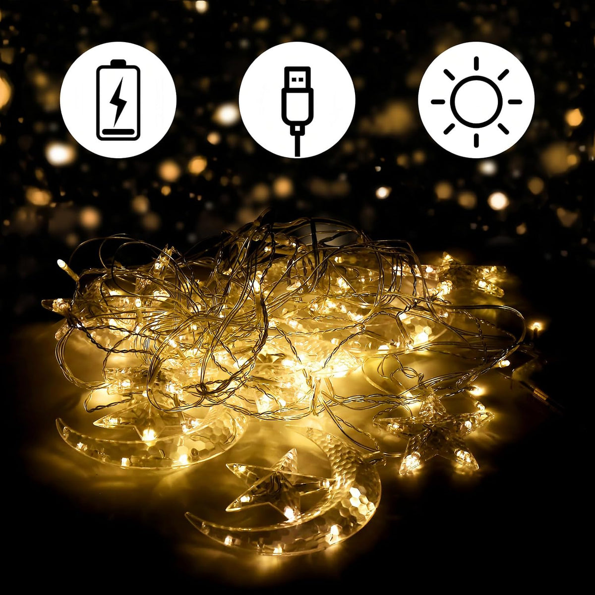 Moon and Stars Decor Curtain Lights, 11.5ft String Lights for Bedroom, Christmas, Ramadan Decor, Indoor LED Fairy Twinkle Light, Battery Operated or USB Plug-in (Yellow)