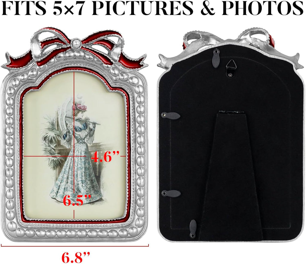 GUOER Vintage 5x7 Picture Frame with Bow Antique Ornate Table Top and Wall Mounting Photo Frame with High Definition Glass Front for Home Decor, Photo Gallery, Art(5x7, Silvery & Red)