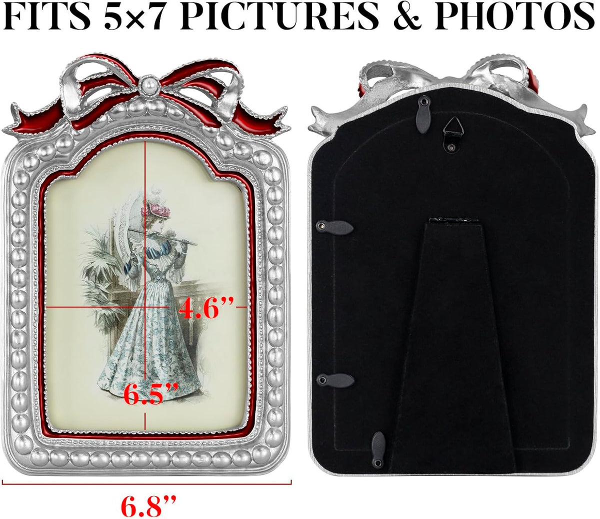 GUOER Vintage 5x7 Picture Frame with Bow Antique Ornate Table Top and Wall Mounting Photo Frame with High Definition Glass Front for Home Decor, Photo Gallery, Art(5x7, Silvery & Red)