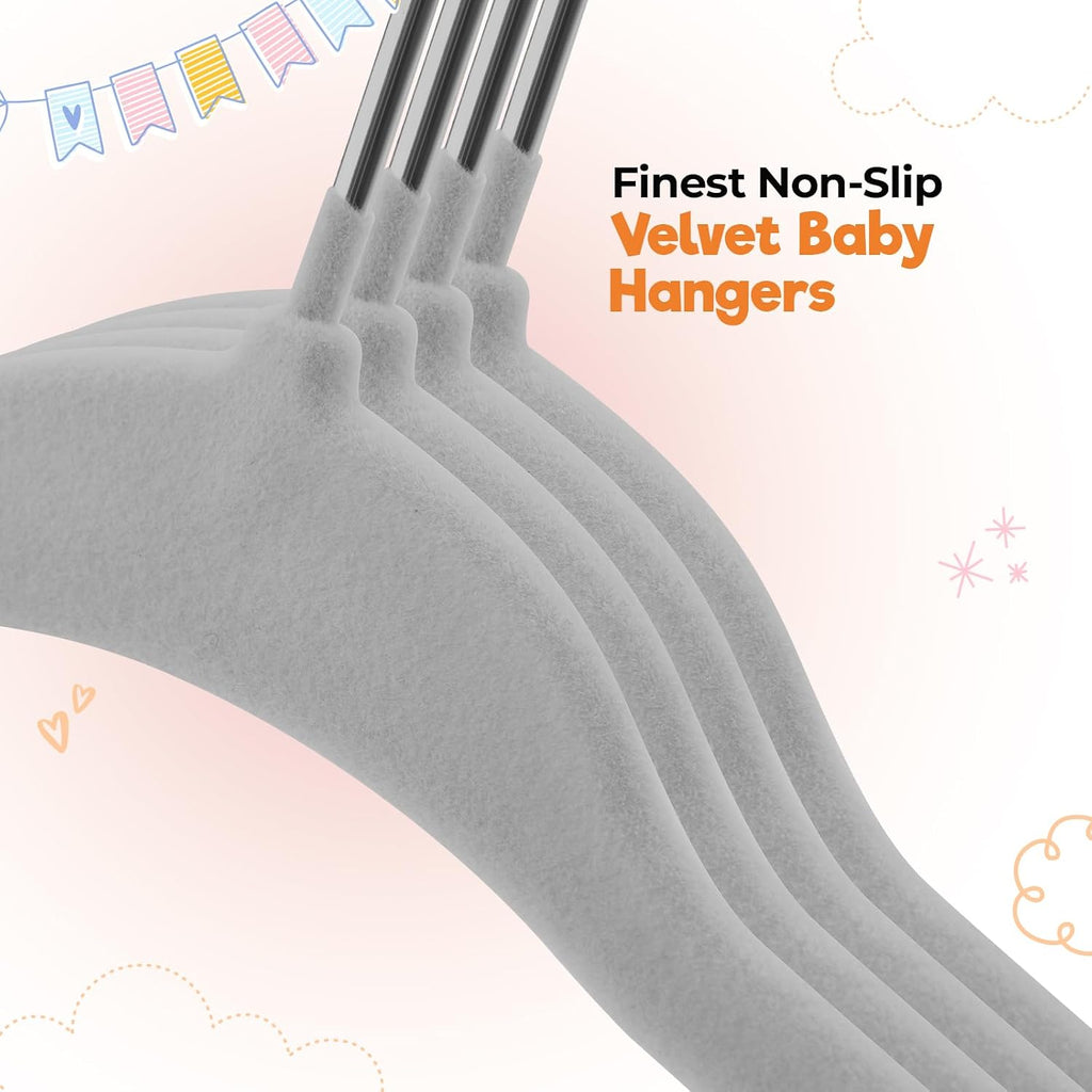 Babyrish Velvet Baby Hangers with Clips (30 Pack) | 11” Ultra-Slim Baby Clothes Hangers | Non-Slip Felt | Space-Saving Nursery & Infant Closet Organizer | Gray