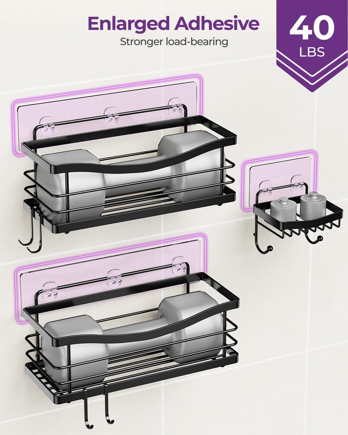 ODesign 3 Pack Adhesive Shower Caddy,Stainless Steel Shower Shelves,Black