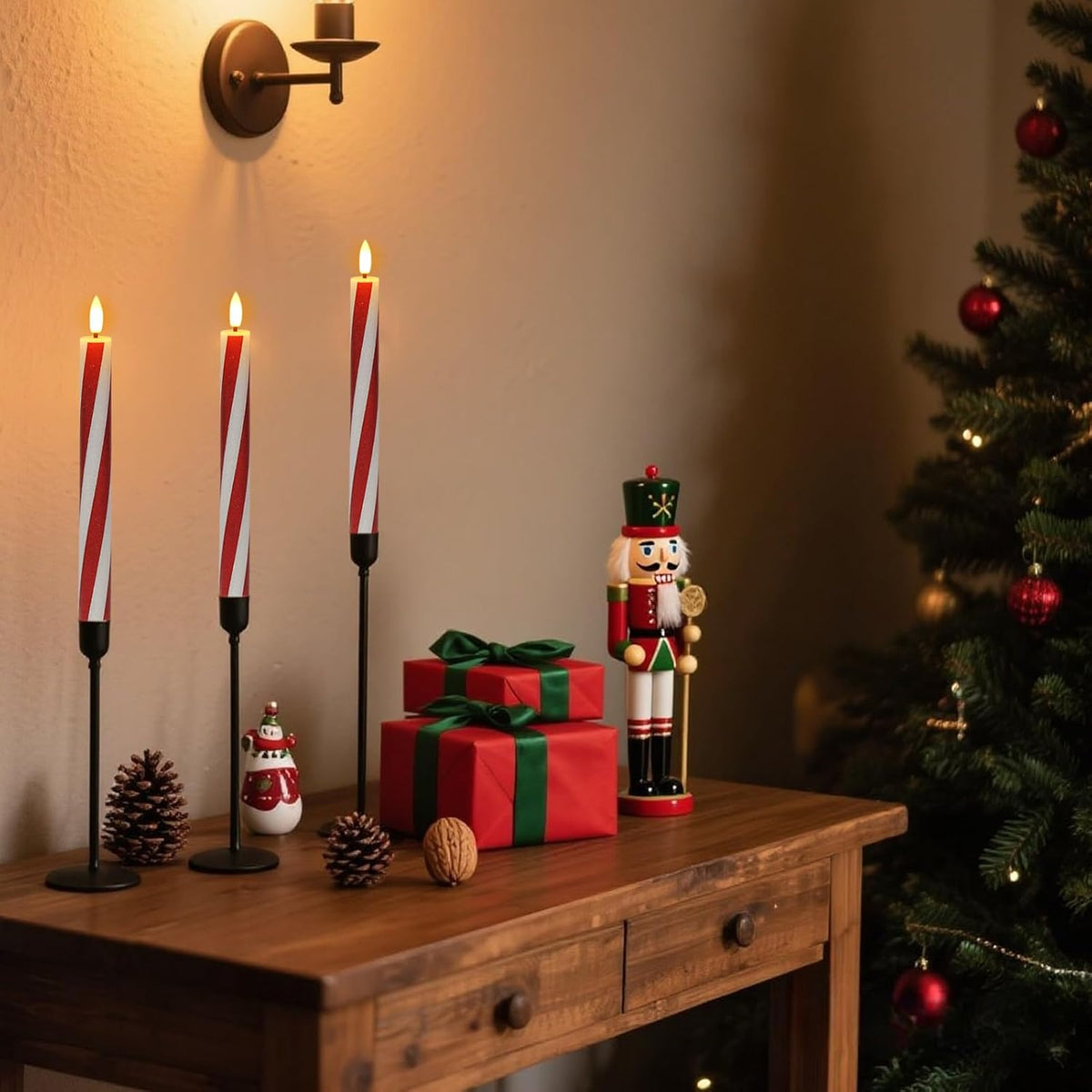 Candy Cane Flameless Taper Candles Battery Operated Remote Timer