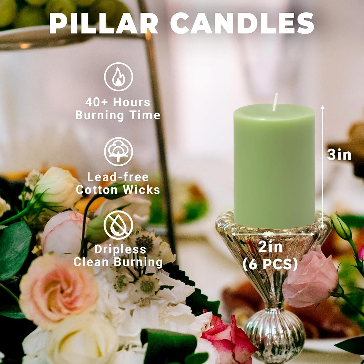 6 Pack 2x3 inch Pillar Candles, Sage Green Unscented Votive Candle for Celebration Home Decoration, Dripless and Long Burning Time