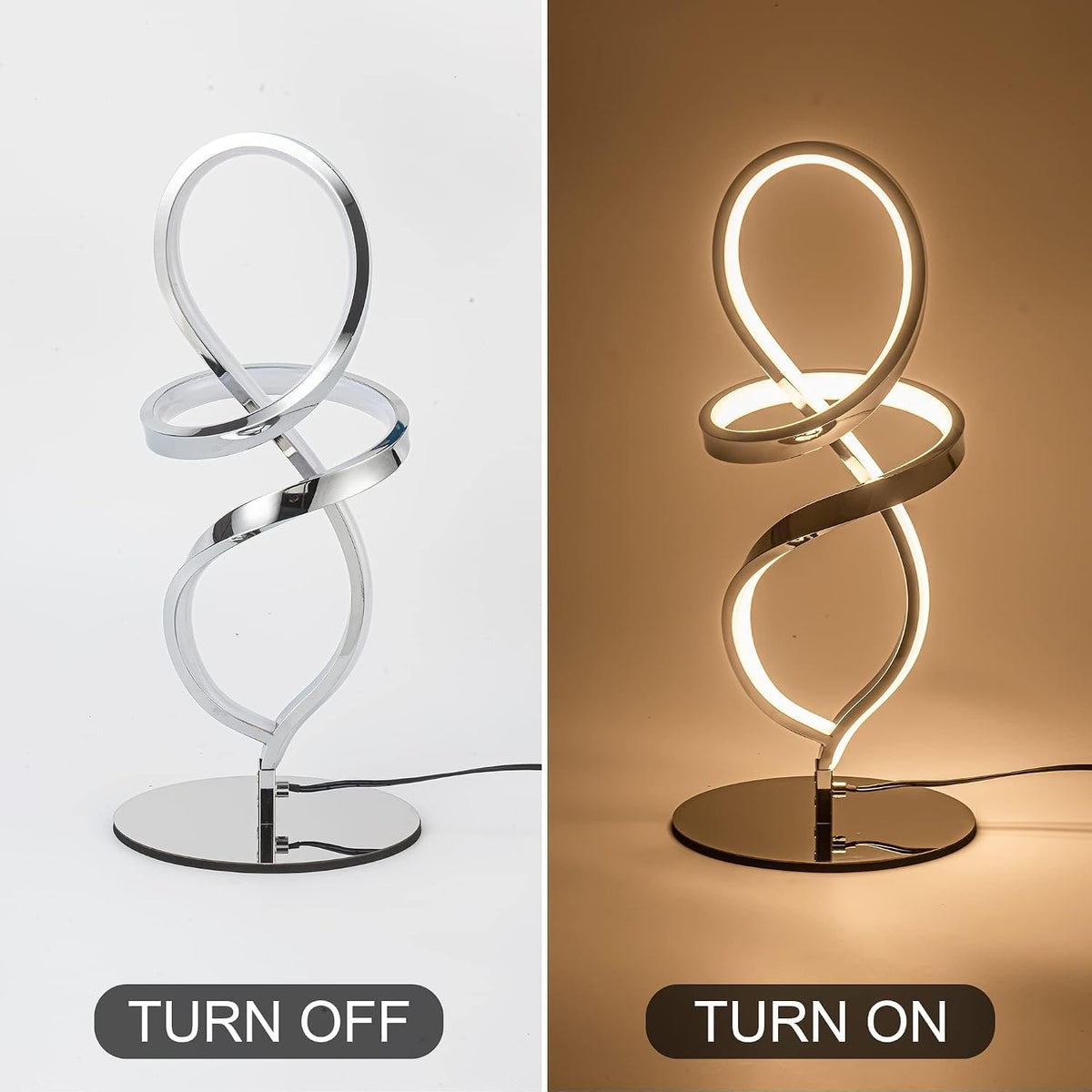 Modern Small Table Lamp with LED Spiral Design, 12W Chrome Nightstand Lamp