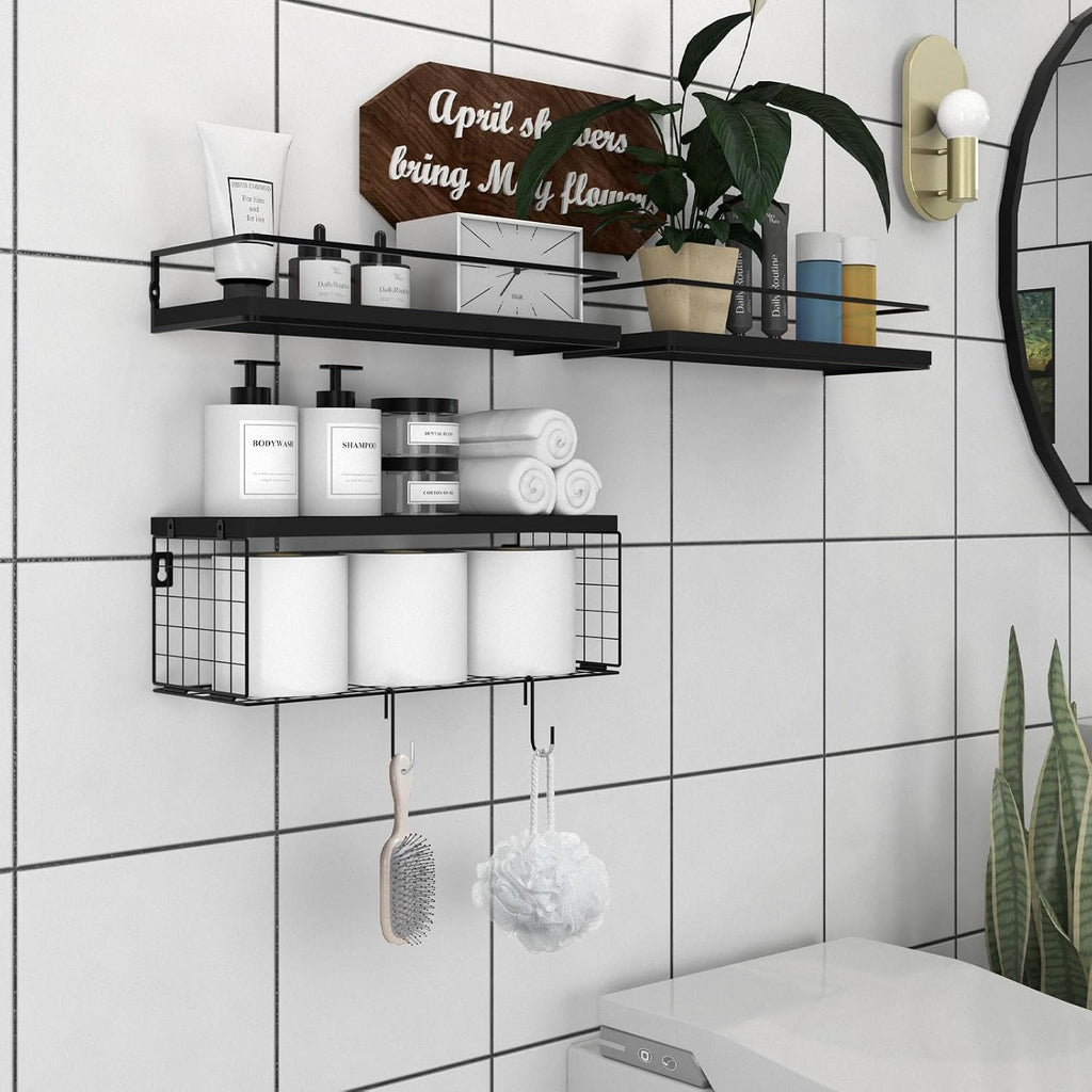 Black Floating Shelves with S Hooks, Wall Mounted Bathroom Shelves Over Toilet with Toilet Paper Basket, Bathroom Organizers and Storage, Small Corner Shelf for Bedroom Home Room Wall Decor